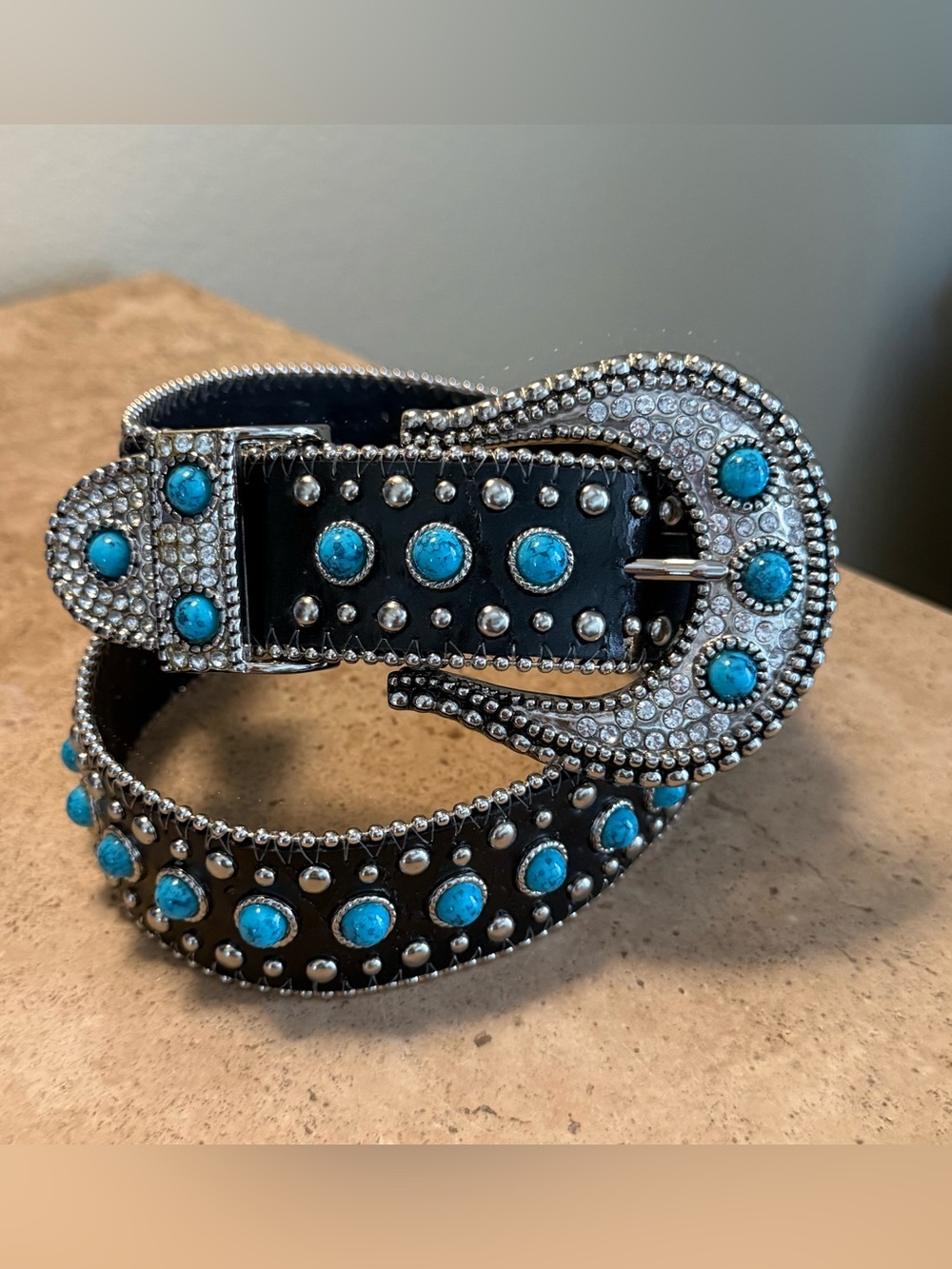 Vintage Lake Shore Drive Black Leather Western Rhinestone Turquoise Belt-Size S